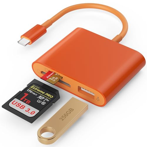 SD Card Reader, USB 3.0 Type C High Speed to SD/TF Card Adapter for iPhone 17/16/15 Pro Max Memory Card Reader with SD MicroSD USB 3 Port for Mac/iPad/MacBook Pro/Air Android Phone Tablet (Orange)