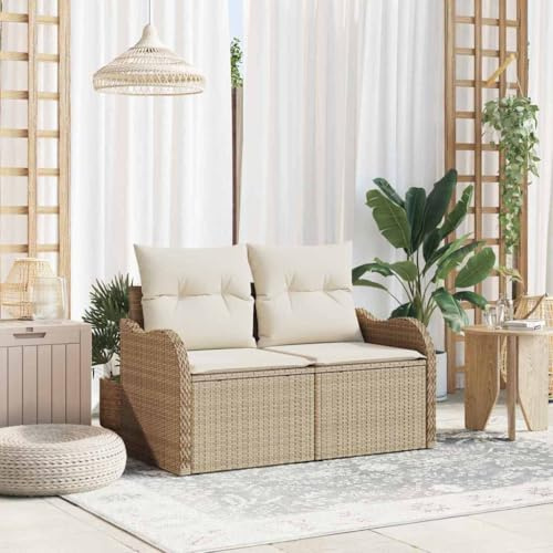 Holamys Gartensofa Beige 121x62x69cm, Poly-Rattan Outdoor Möbel, 2-Sitzer Loungesofa mit Stahlrahmen für Terrasse, Garten, Balkon, wetterfest
