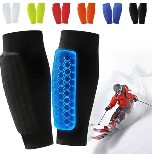 1 par skenbensskydd, skidåkning, Shin Protector Ski, andas och halkfri, elastiska, stöttåliga damasker med bikakestruktur, halkfria silikonremsor, för pojkar och flickor (svart, L)