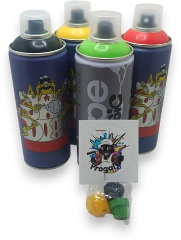 PROGAL COLORS DOPE CLASSIC Lot de 4 sprays Graffiti Acrylique 400 ml Basse Pression 4 Couleurs (Rouge, Jaune, Vert, Noir) avec 3 Buses de Rechange Peinture Acrylique Urban Art
