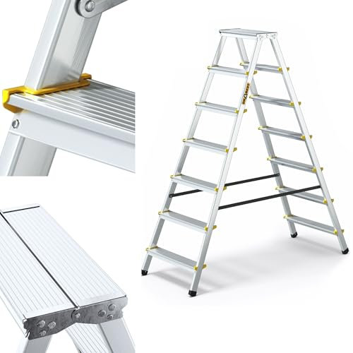 DRABEST Scala Doppia in Alluminio 7 gradini Scala Domestica Pieghevole Multiuso Portata 150 kg Certificata