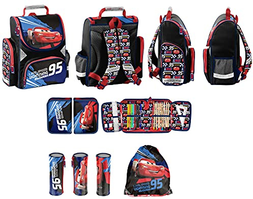Disney Cars Schulranzen für Jungen Grundschule Tornister Auto 4 TLG. | sehr leicht geräumig | 900 Gramm inkl. Sportbeutel Stifteetui Federmäppchen