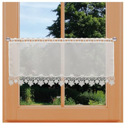 Feenhaus-Spitzengardine Jolanda Vogtländische Spitze in Natur | Landhaus-Scheibengardine mit Blumen-Muster | klassischer Scheibenhänger handgefertigt | Bistrogardine Höhe x Breite 37 x 93 cm