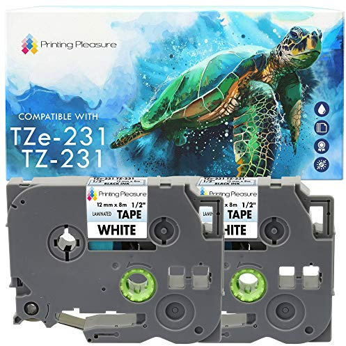 Printing Pleasure TZe-231 Schwarz auf Weiß Laminiert Schriftband TZ-231 2er Pack kompatibel für Brother P-Touch PT-1000 PT-H100 PT-D210VP PT-D400 PT-D600VP PT-P700 PT-P750W Cube, 12mm x 8m