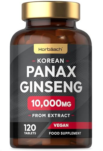 Panax Ginseng High Strength 10,000mg | 120 Tablets | Korean Panax Ginseng from Extract | Suitable for Vegetarians and Vegans | by Horbaach
