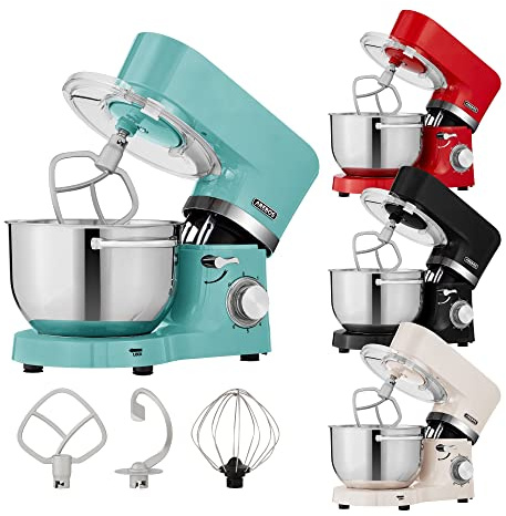 Arebos Küchenmaschine 1500W Türkis | Knetmaschine mit 2x Edelstahl-Rührschüsseln 4,5 & 5,5L | Geräuscharm | Küchenmixer mit Rührhaken, Knethaken, Schlagbesen und Spritzschutz | 6 Geschwindigkeiten