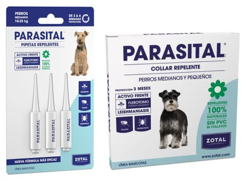 Zotal PARASITAL® Pack Collar Antiparasitario Perros Medianos y Pequeños + Pipeta Perros medianos 10-25 kg | Pack contra los parásitos externos en Mascotas | Ingredientes Activos Naturales | Marca