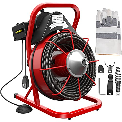 VEVOR Drain Cleaner Machine, 75 Ft x 3/8 Inch, Drain Cleaning Machine Fits 1 to 4 Inch Pipes, Portable Drain Auger Cleaner with 4 Auger Bits, Electric Drain Auger Plumbing Tool