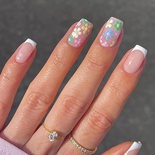 Ceboic 24 Stück Viereckig Kurz Press on Nails, Bunt Französisches Blumen Design Künstliche Nägel, Acryl Falsche Nagelspitzen mit Klebesticker, Kunstnägel Nägel Zum Aufkleben für Frauen und Mädchen