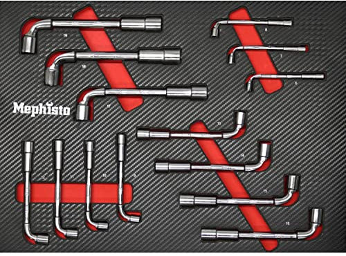 Mephisto Kit d'outils Pro Line - Insert pour chariot d'atelier - Jeu de clés à tête de pipe - Double jeu de clés à douille hexagonales - 14 pièces - Avec incrustation souple aspect carbone