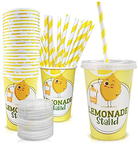 ARTENIUM Suministros de soporte de limonada para niños, 60 vasos de papel desechables ecológicos con tapas y popotes, vasos de limonada perfectos para puestos de limonada, fiestas y eventos, vasos de