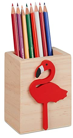 Relaxdays Flamingo, pennhållare, trä, H x B x D: 10 x 8 x 6 cm, barn pennlåda för skrivbord, penselhållare, natur/röd