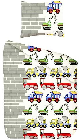 JACK Kinder Renforcé Bettwäsche 2 TLG. 135x200cm Baustelle Bagger Kipper Baufahrzeuge Steine Grau Offwhite