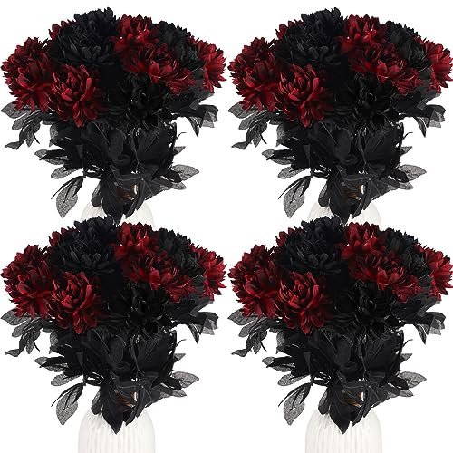Tigeen Ramo de dalias artificiales de seda sintética para Halloween, color burdeos, flores artificiales para bodas, baby shower, fiesta, hogar, arreglos de manualidades, negro, rojo (30)