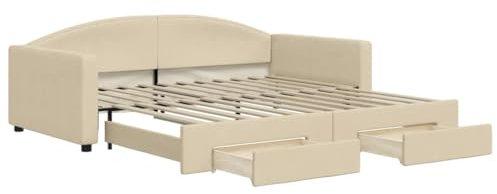 vidaXL Tagesbett, Sofabett Ausziehbar mit Schubladen, Gästebett Schlafsofa für Schlafzimmer Wohnzimmer, Sofa Ausziehbett, Creme 100x200cm Stoff