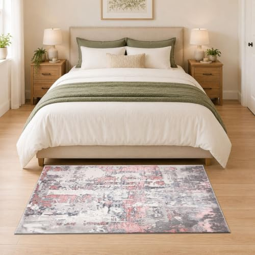 renoazul® Non Shed Jute Backing Washable Rugs, 80 x 150 cm, 2 ft 7 in x 4 ft 11 in, Abstract Pink, Soft Pile Turkish Carpet for Lounge, Garden, Patio, Sitting and Hall