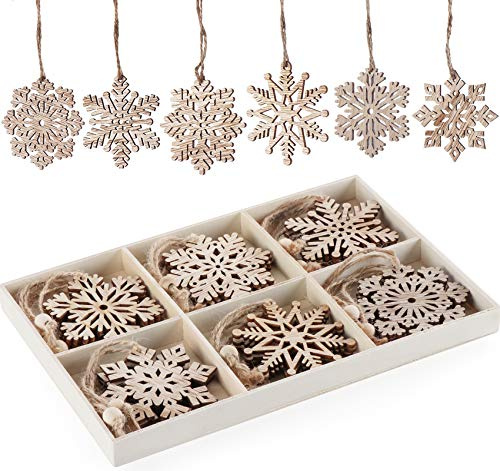 Homewit Weihnachtsdeko Holz, 18 Stück Holz Schneeflocken Anhänger 7cm,6 Stile Weihnachtsbaumschmuck Baumschmuck Christbaumanhänger mit Juteseil für Weihnachtsanhänger Weihnachtsbaum-3mm dick