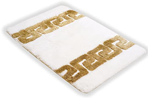 Luxus Badematte Badezimmerteppich Duschmatte Badvorleger in weiss gold griechisches Mäander Muster 100% Acryl - rutschfest waschbar flauschig Fussbodenheizung geeignet saugfähig - weiss, 50 x 60 cm