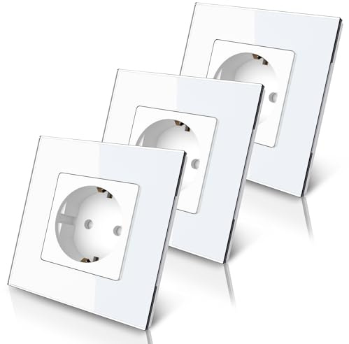 PULSAR Steckdosen-Set, 3x Steckdose Unterputz Glas Weiß 1-Fach 3 Stück | Schuko-Steckdosen-Set in Weiß - 3 x Steckdose Glas 1-Fach - Wandsteckdose 16A mit Kindersicherung 86 x 86mm 3 Stück