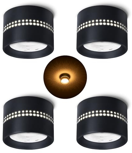SSC-LUXon ALAPI Deckenleuchte 4er Set schwarz rund GX53 ohne Leuchtmittel | Vier Aufputz-Deckenspots schwarz matt mit indirektem Lichteffekt - warmweißer LED-Stripe, für Wohnzimmer & Flur, GX53