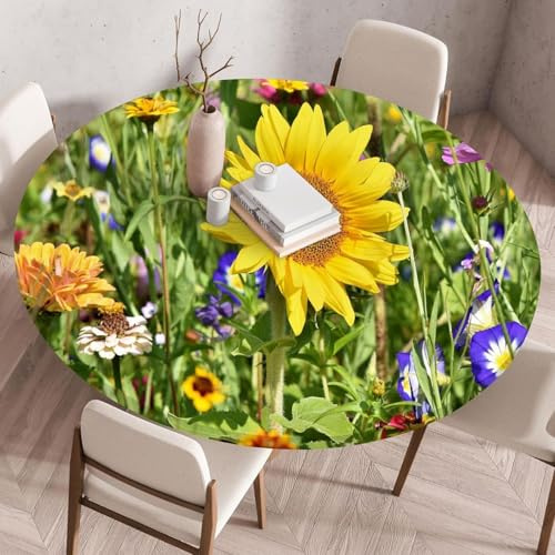 Highdi Tovaglia Rotonda Antimacchia 80 cm,3D Girasole Tovaglia Impermeabile con Elastico, EsternoTovaglie da Tavola per Giardino Ristorante, Ideale per 70cm-75cm
