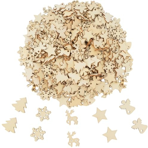 CUWELT 400 Stück Streudeko Weihnachten Holz, 2CM Tischdeko Weihnachten zum Basteln, Holzsterne Holz Scheiben Schneeflocken, Mini Holzdeko Blank Weihnachtsdeko für Weihnachtsfeier Geschenk DIY Handwerk