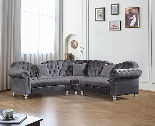 Generico Divano Chesterfield Angolare in Velluto Grigio – Comodo e Spazioso per Soggiorno – Stile Classico con Dettagli Capitonne