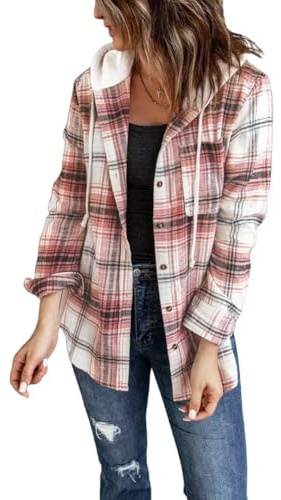 LACOZY Womens Button Down Checked Shirts Oversized Boyfriend Long Sleeve Hooded Flannel Shirt Pink M