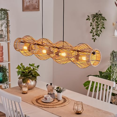 HOFSTEIN Pendelleuchte Cardeira, 4-flammige Hängelampe aus Metall/Bambus in Schwarz/Natur, Hängeleuchte im skandinavischen Design, Boho-Style, max. 170 cm, E27, Esszimmer, Wohnzimmer, Küche