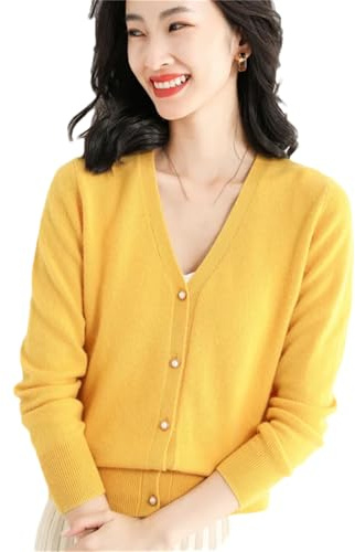 Cardigan da donna in cashmere, ampio, con scollo a V, con bottoni, tinta unita, lavorato a maglia, Giallo, XL