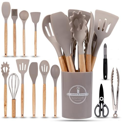 Utensilios de Cocina de Silicona, 14 Piezas SIN BPA, Utensilios de Cocina Resistentes al Calor, Accesorios Cocina Antiadherentes, Utensilios Hogar y Cocina, Mango de Bambú, Tijeras Cocina Multifunción