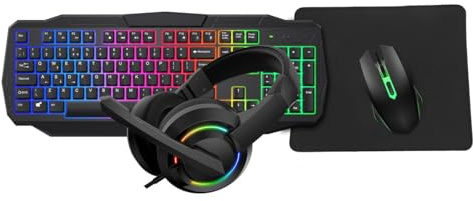 CiT Scorpion 4-in-1 Gaming Kit, Wired Keyboard (UK Layout) & Mouse With Headset and Mouse Pad, Rainbow LED Backlit, Multimedia Keys, 2400 DPI, Gaming Bundle For Windows | Black