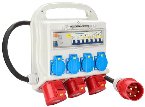 Herrselsam Distributore di corrente, 2 x CEE 16A/400V CEE 32A/400V 4 x 230V Schuko 5 poli con interruttore RCCB, con interruttore di protezione, con cavo da 1,2 m, cantiere interno esterno