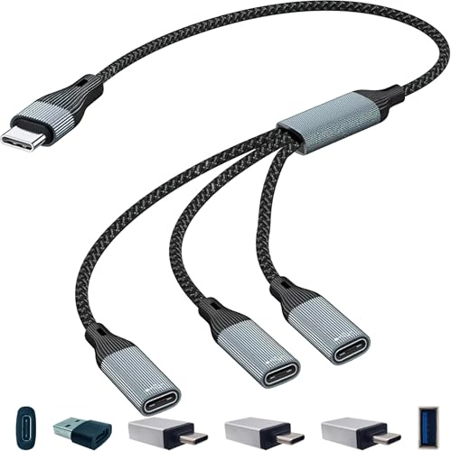 CTRICALVER Splitter di alimentazione Type-C intrecciato in nylon, maschio 1 a 3 Type C femmina, Cavetto splitter 3 in 1, con 4 Adattatori per la ricarica multi-porte, la trasmissione di dati