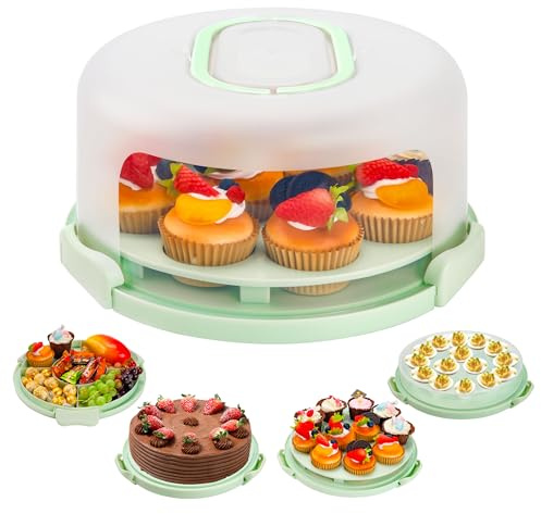 BTSD-home Kuchen Transportbox rund Kunststoff Tortenbox für 11-Zoll-Kuchen Torten Muffin Eier Obst Snack oder Cupcake transportbox(Grün 30x30x15cm)