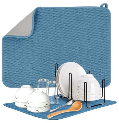 2PCS Microfibre Dish Drying Mats, 2 Pack Absorbent Dish Drainer Mat 20 x 15 inch, Washing Up Drying Mat for Kitchen Countertop Tabletop (Blue, 20*15Inch)