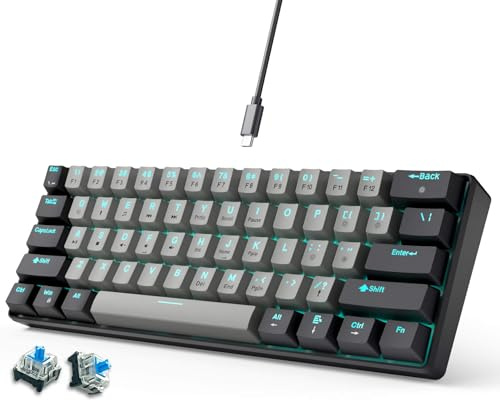 abucow 60% Mechanical Gaming Keyboard Blue Switch Wired Compact Keyboard Anti-Ghosting No-Conflict 61 Swappable keycaps Ergonomic Design for Windows/Mac (Gray-Black)