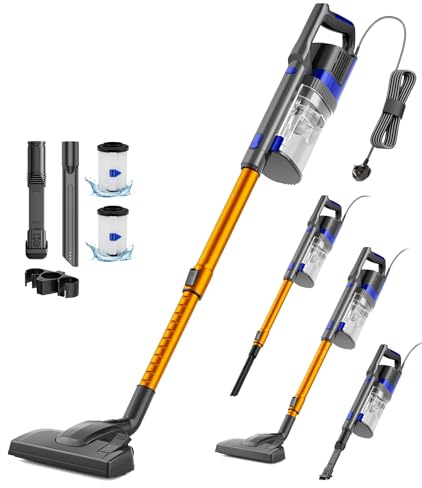 VACTechPro Corded Vacuum Cleaner, Powerful 600W/60Kpa, Lightweight 3-in-1 Stick Vacuum with 800ML Dustbin, Double Handle Design Upright Handheld Vacuum for Hardwood, Pet Hair, Carpets