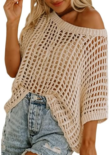 2025 - Maglione estivo da donna, a maniche corte, stile casual, lavorato all'uncinetto, top in maglia traforata, Beige, L