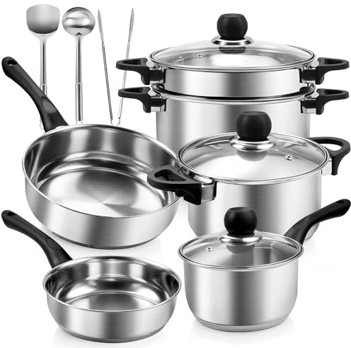 Topfset 12-teilig, Topf und Pfannenset Induktion aus Edelstahl mit Deckel Kochtopf Set Induktion Töpfe Set für alle Herdarten geeignet spülmaschinenfest unbeschichtet Kochtopfset für gesundes Kochen