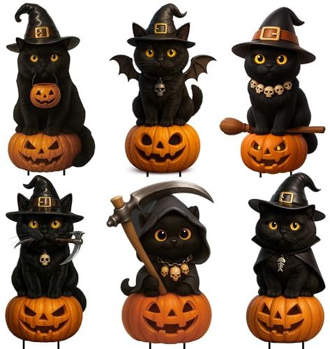 ILMFMY Halloween Gartendeko Katzen 6er Set – Schwarze Katzen Figuren in verschiedenen Posen mit Hexenhut, Kürbis & Besen – wetterfeste Outdoor Deko mit Ständer für Garten, Terrasse & Party