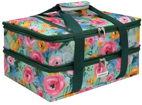 JLDTOP Insulated Casserole Carrier Fits 9x13 Dish, Double Decker Lunch Bag for Hot or Cold Food Portable Food Warmer Lasagna Holder for Potluck Party Picnic Cookout Gathering (Green Floral)