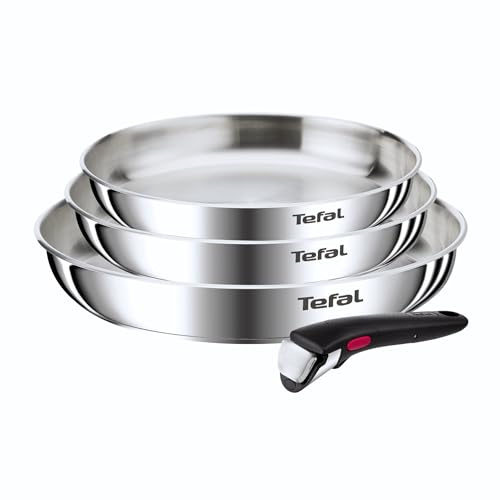 Tefal Ingenio Emotion - Juego de 3 sartenes 22/24/28 cm + Mango Extraíble, Acero Inoxidable, Sin Revestimiento, Apto inducción, horno y lavavajillas