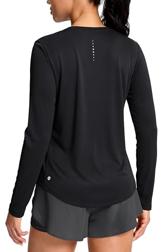 SANTINY Lightweight Long Sleeve Workout Tops for Women (Black, S) | Breathable, Soft, Quick Dry, UPF 50+, Sun Protection, Reflective Spots, Hiking Yoga Active Sport, Athletic Gym Running Shirts