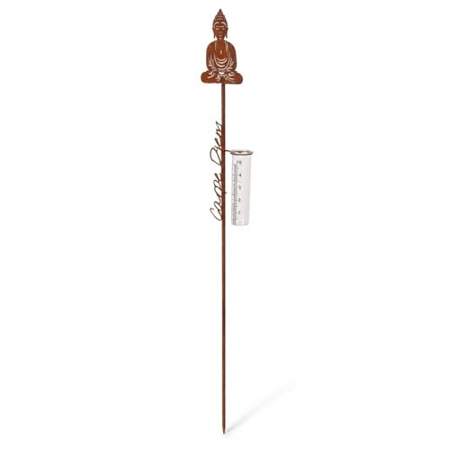 ReWu Regenmesser Mit Erdspieß Buddha-Form Carpe Diem Schriftzug Gartenstab Garten Gartendekoration Vintage Outdoor Wetterstation Niederschlagsmesser Braun Rostig Länge: 112cm