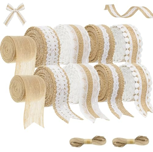 Forbabe 10 Rollen Juteband mit Spitze 5x2m Vintage Geschenkband Spitzenband