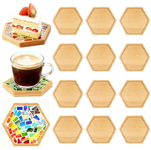 KBIBCK Bambus Untersetzer, 12 Stück Leere Bodenschalen für Bastelarbeiten, 10cm Mosaik Bastelset Untersetzer, Trinkbecher-Untersetzers, für Pflanzen, Kerzen, DIY-Mosaikbedarf, Wohnzimmer Deko
