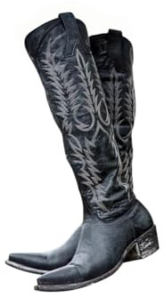 Cowboy stövlar för kvinnor extra bred broderad mellanvad cowgirl stövel bred vad låg klack västernstövlar läder knähöga tossor bekväma tjocka blockklack spetsig tå dra på mocka slouch skor, Bsvart