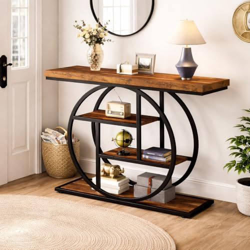 Tribesigns Console Table, 105 cm Industrial 4-Tier Sofa Table Entryway Table with Circle Base, Narrow Wood Accent Tables with Storage Shelves for Living Room, Hallway, Foyer (Brown)
