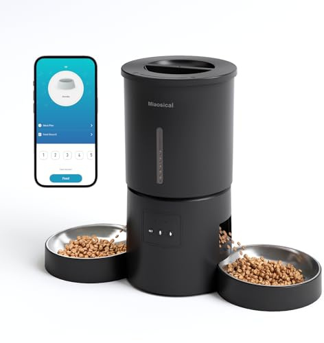 Miaosical Futterautomat Katze für 2 Katzen, Staufreier Katzenfutter Automat mit 2.4G WiFi-App & Timer, 4.2L Futterspender Katze für 1-10 Mahlzeiten pro Tag, 10s Sprachaufnahme, Dual-Stromversorgung